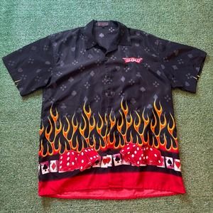 Vtg 00s Las Vegas Shirt Flames Dice Poker Playing Card button up mens medium